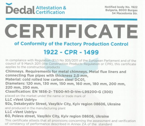 Certifikát shody CPR 1922-CPR-1499 pro kovové komíny a kouřovody